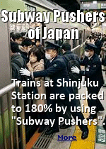 The Tokyo subway network is a transportation marvel. On most lines, trains come every 5 minutes apart, on average, and during peak times, they tend to run every 2-3 minutes. That's about 24 trains per hour going in one direction. Despite so many trains, the subway is extremely overcrowded, especially during rush hour. Nearly all of them run at around 180% capacity, thanks to the ''Subway Pushers''.